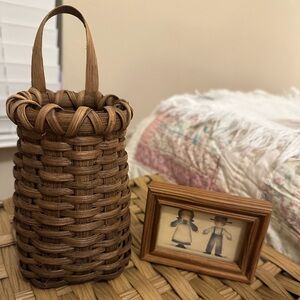 Handcrafted Brown Woven Hanging Basket & Tiny Handcrafted Wooden Picture Frame